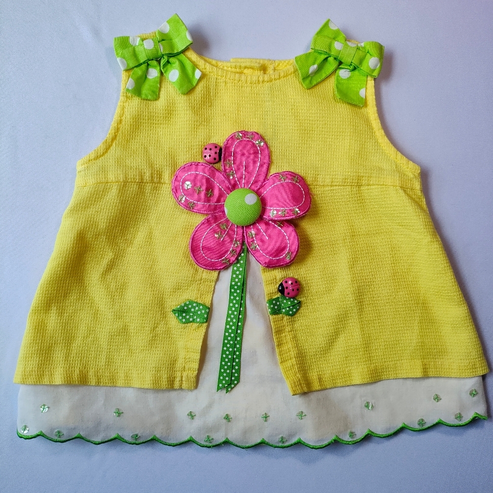 Yellow Dress with Pink Flower and Green Accents - Picture 2 of 6